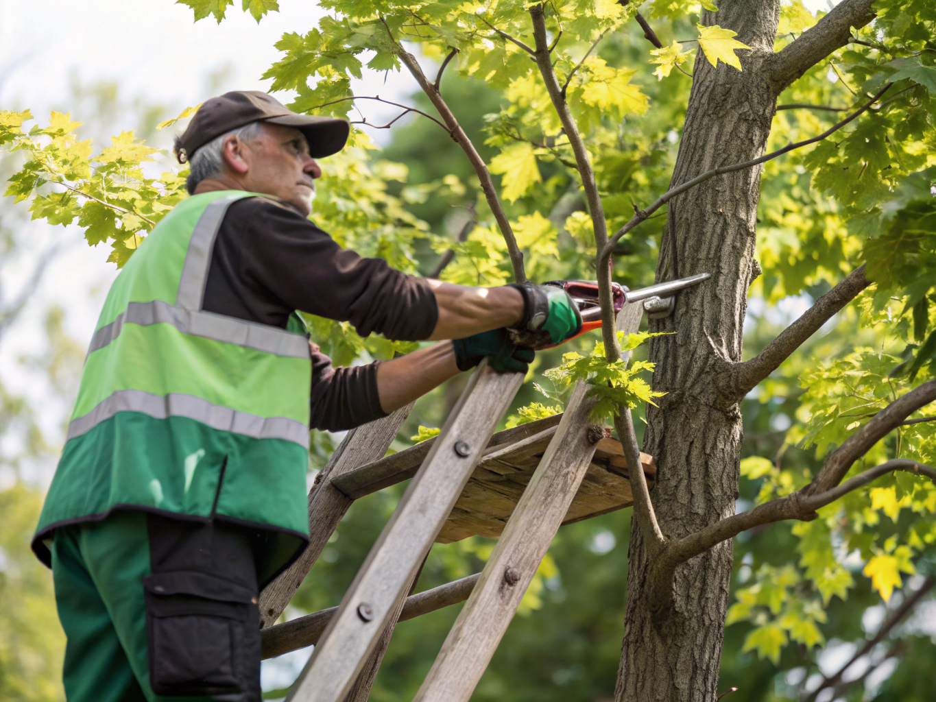Professional arborist performing careful tree pruning in a residential yard